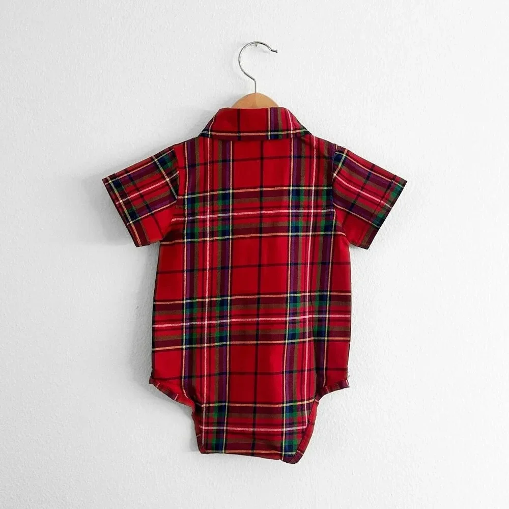 NWT Cute Boys Oxford Button Down Christmas Romper Onesie Plaid Red & Green 3-6M